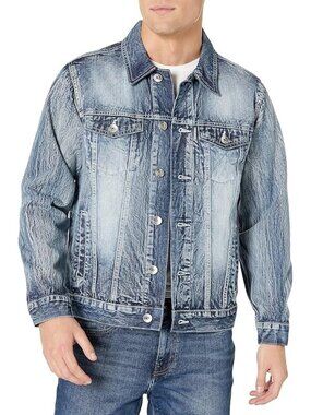 Art Class Denim Jacket Mens Size Medium Distressed Blue Button Front 100%Cotton